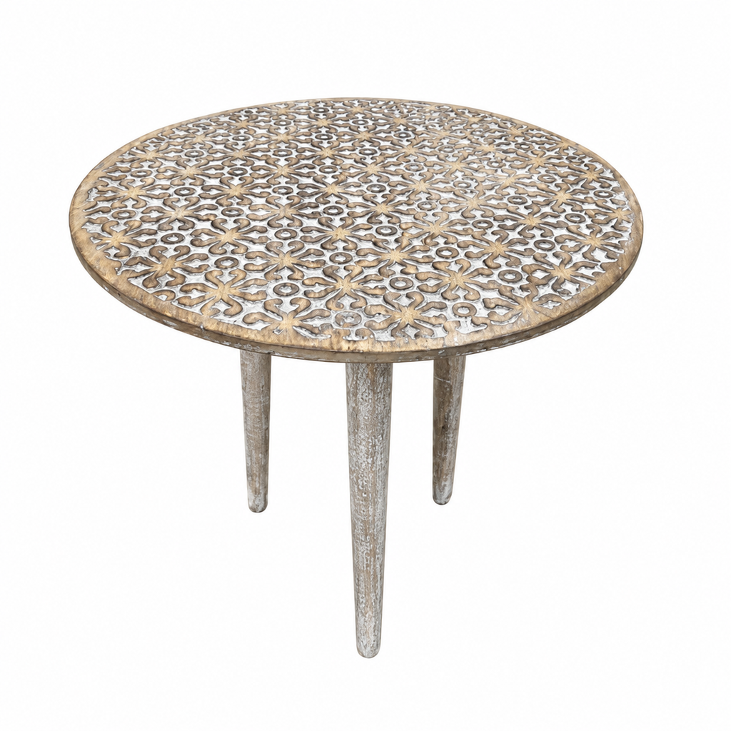 Handcrafted Mango Wood Round Accent Table with Intricate Carving - Gray Antique Wash