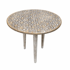 Handcrafted Mango Wood Round Accent Table with Intricate Carving - Gray Antique Wash
