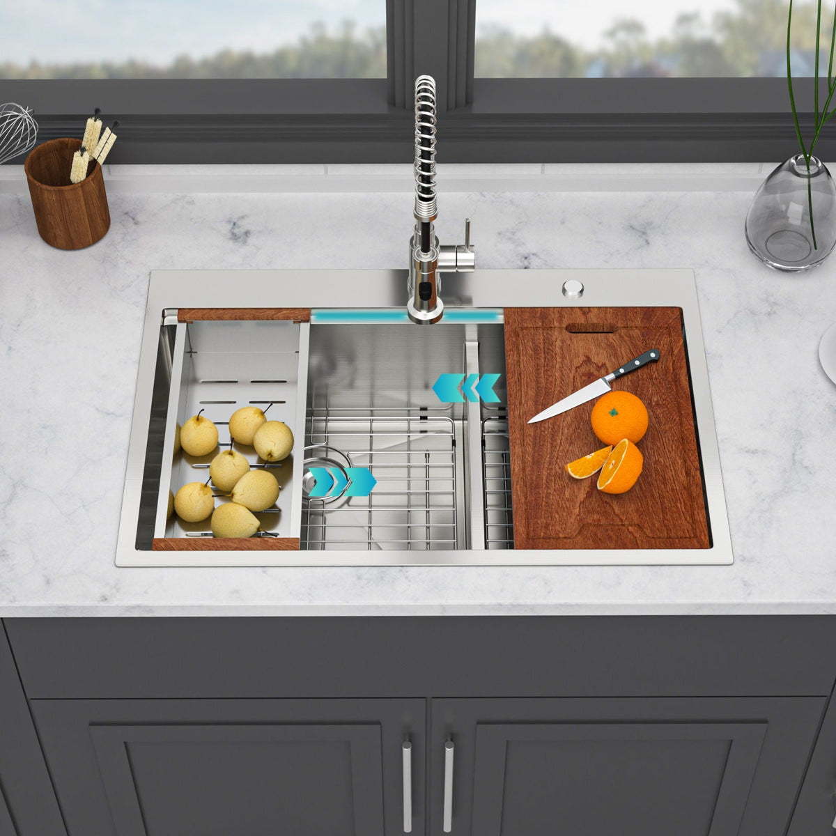 Gray Double Bowl Kitchen Sink with Durable Stainless Steel - Dual Mount