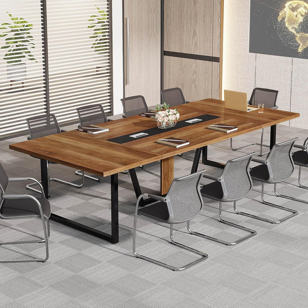 Conference Table for 8–10 People with Cable Management - Brown / Black
