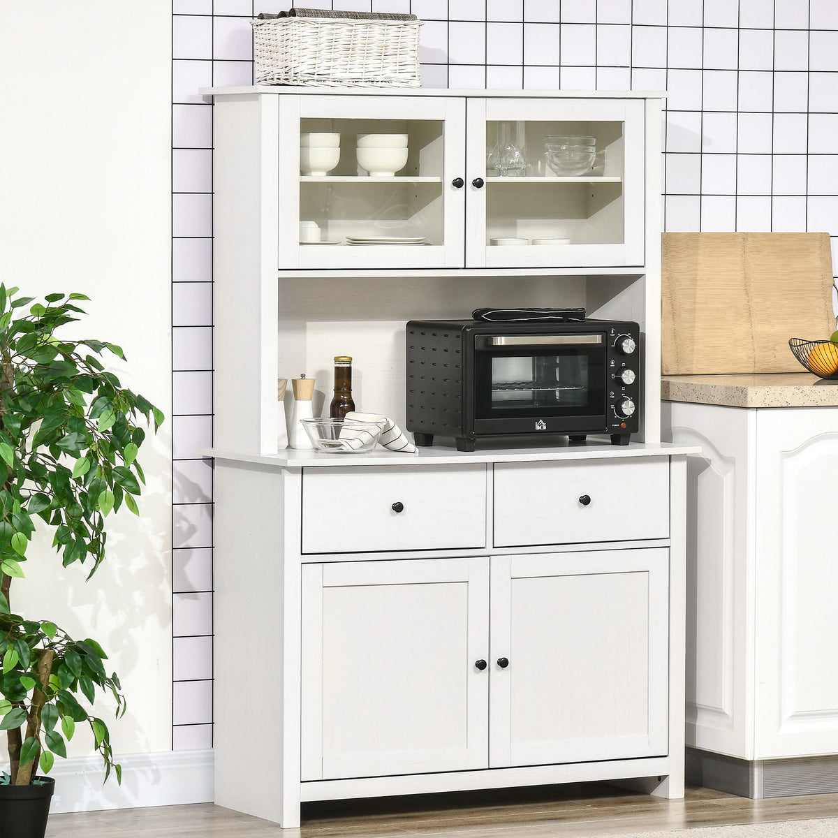Antique White Kitchen Buffet Hutch with Glass Doors and Storage