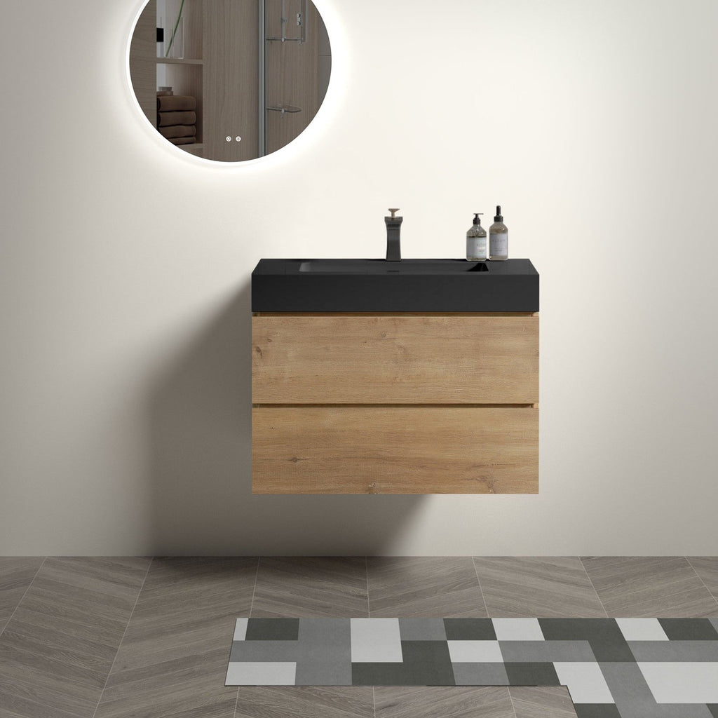 Natural Oak Bathroom Vanity with Floating Quartz Sink - Light Brown
