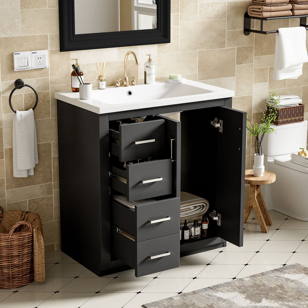 Ceramic Sink Vanity Combo with 3 Drawers and Soft Closing Doors - 30"