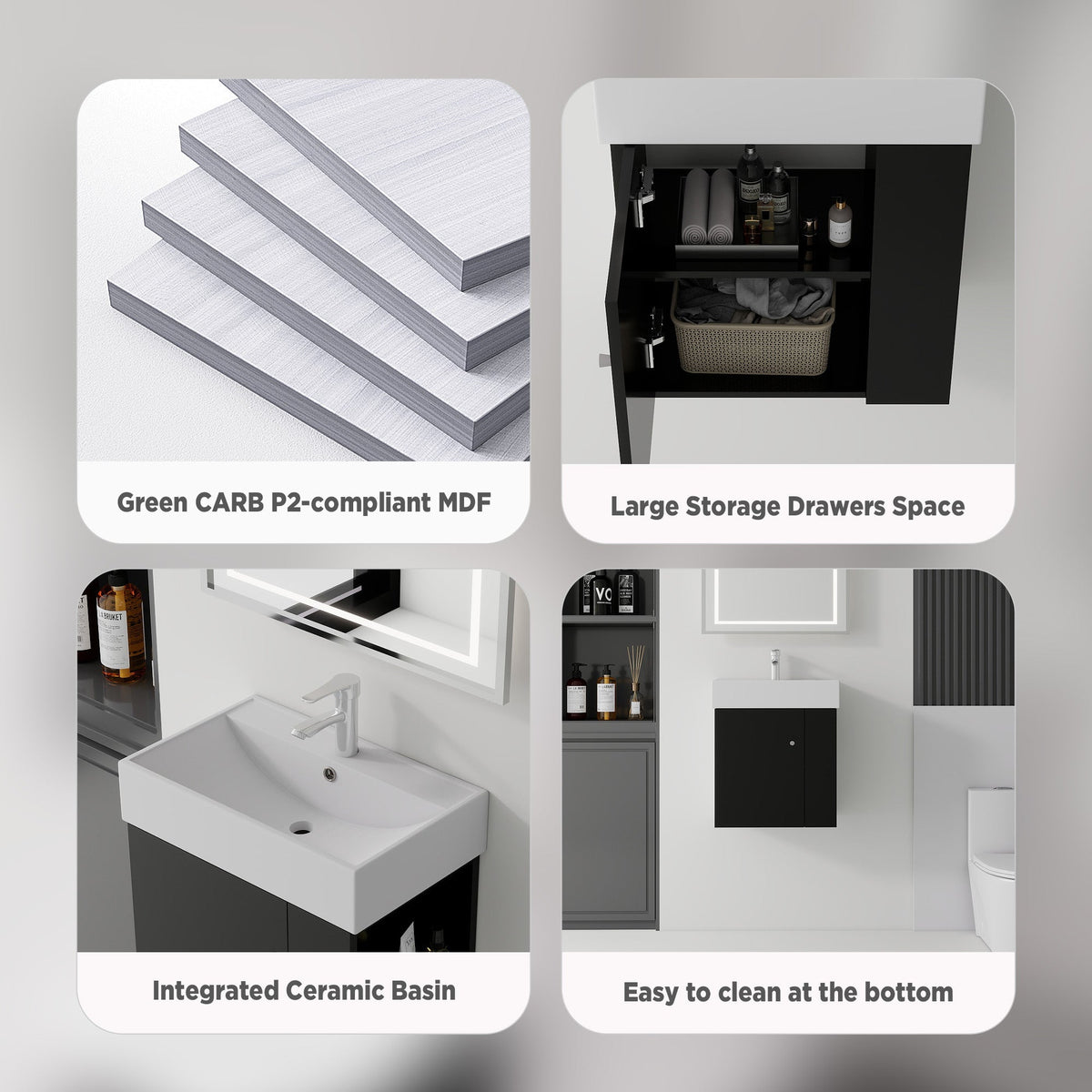 21.6 Inch Floating Bathroom Vanity with Ceramic Sink - Black, White, Oak, Brown