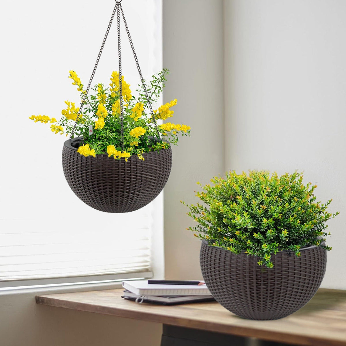 Self Watering Hanging Planter with Water Level Indicator - White, Black, or Dark Brown