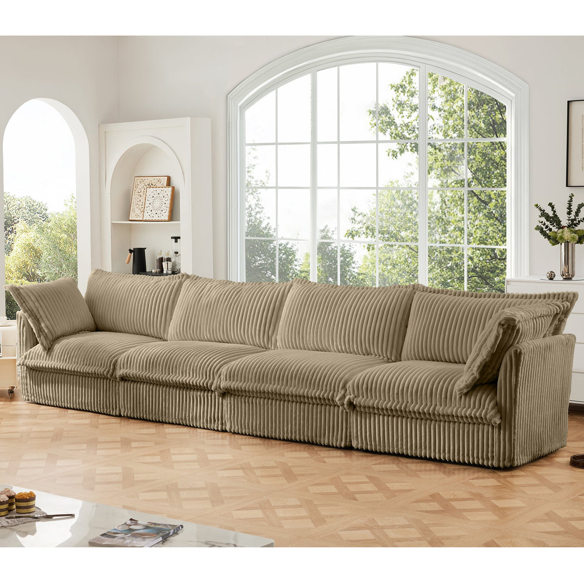 Slipcovered Long Sofa - 4 Seater Couch with Removable Covers - Camel Corduroy