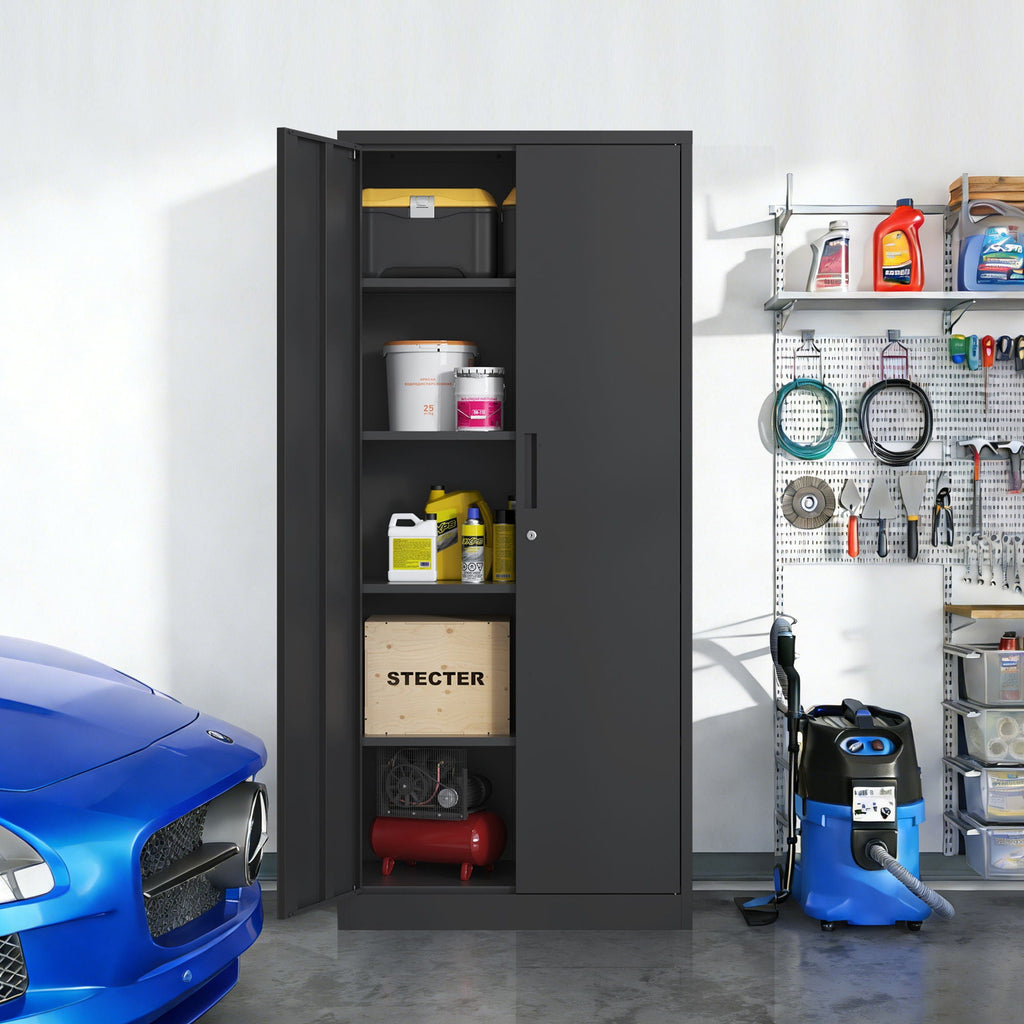 Steel Garage Storage Cabinet with Adjustable Shelves and Lock – Black or White