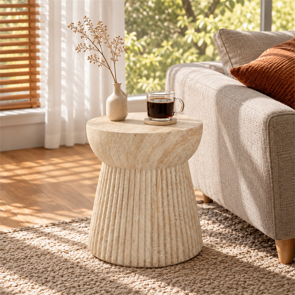 Outdoor Travertine Concrete Side Table with Durable Construction - Concrete