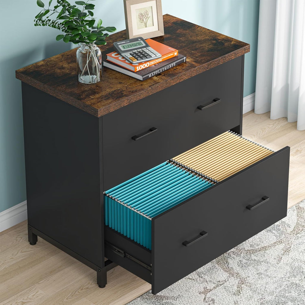 2 Drawer Lateral File Cabinet with Heavy Duty Steel Frame - Brown/Black