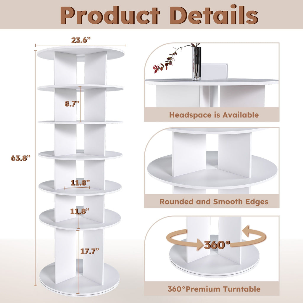 6 Tier Spinning Shoe Rack with 360° Revolving Organizer - White