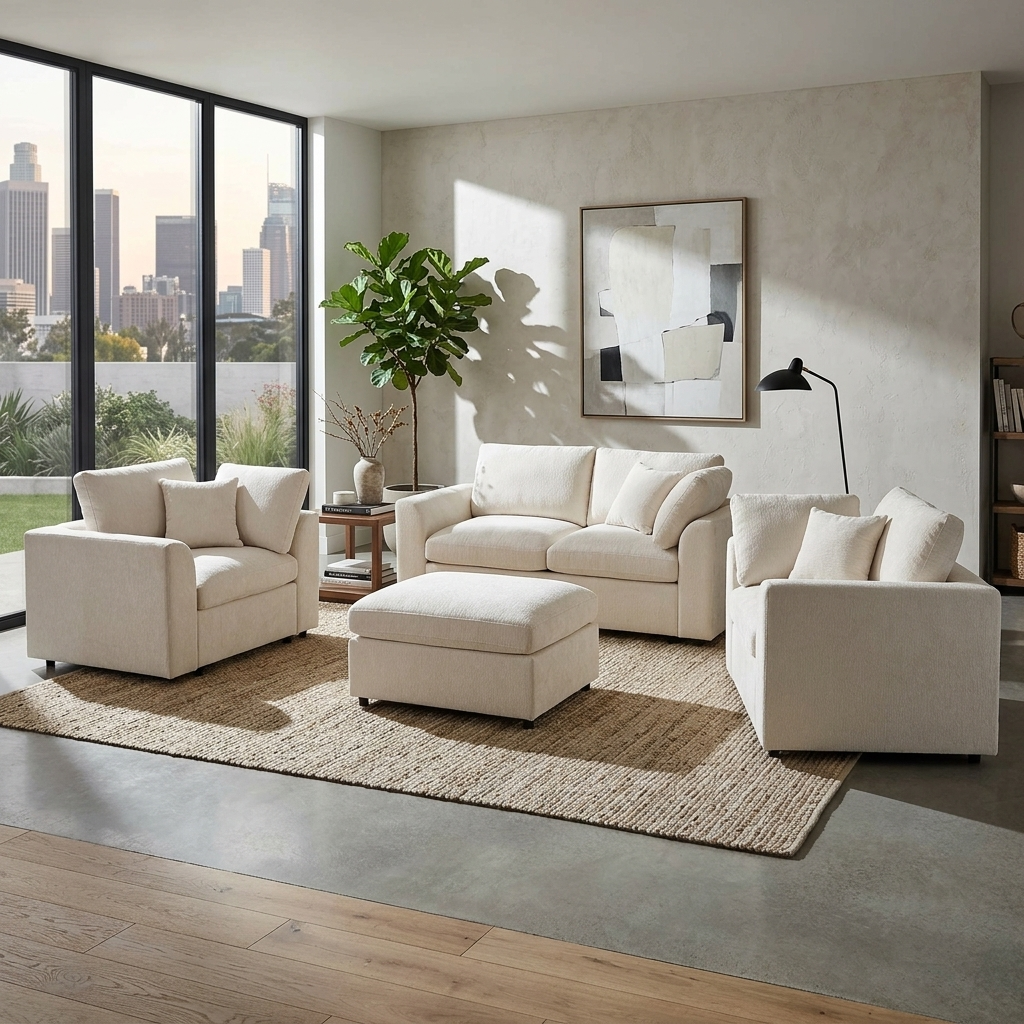 Chenille 4-Piece Sofa Set with Accent Chairs and Movable Ottoman - Grey