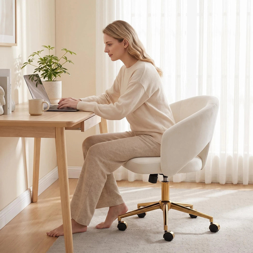 Adjustable White Office Chair with Ergonomic Support - Velvet Finish