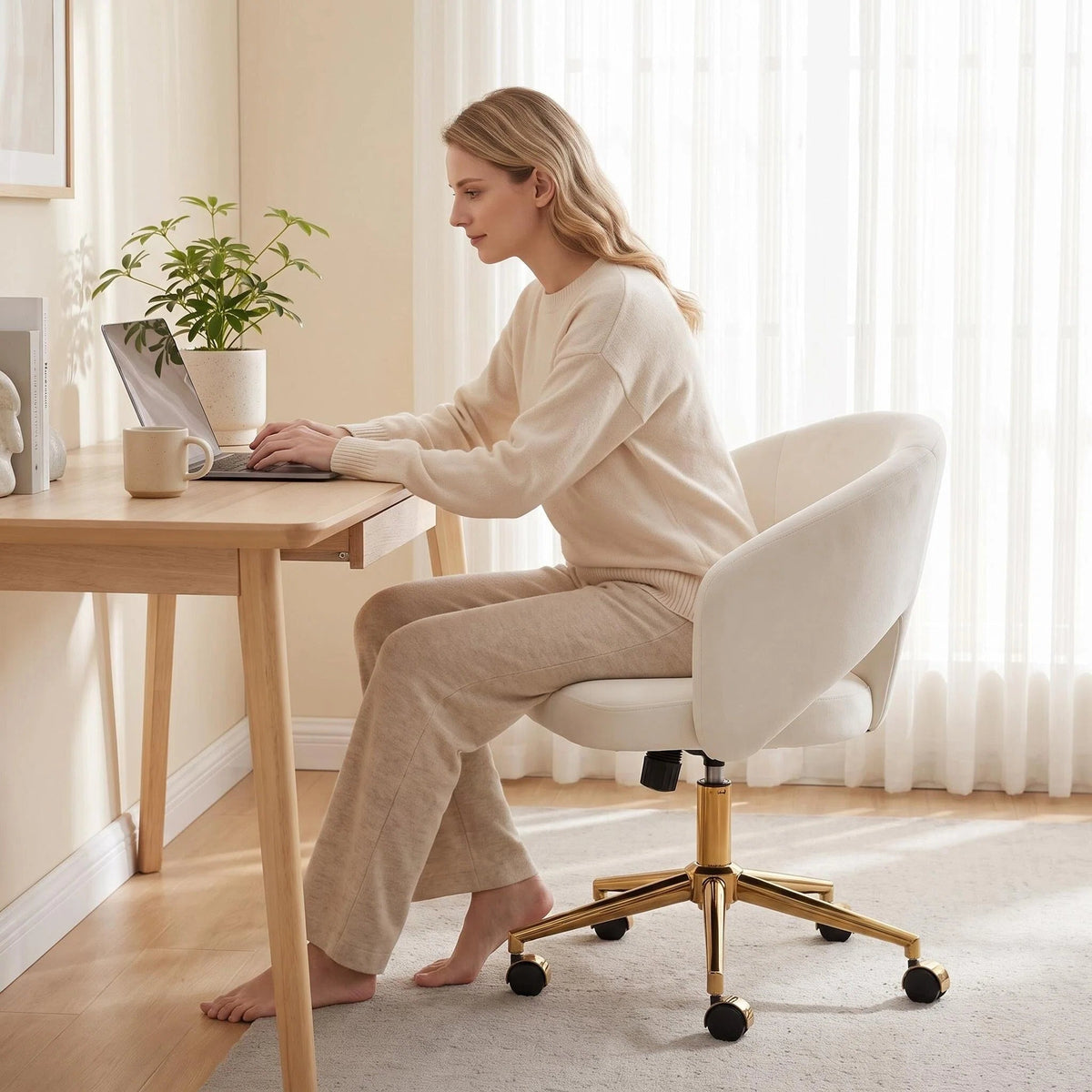 Adjustable White Office Chair with Ergonomic Support - Velvet Finish