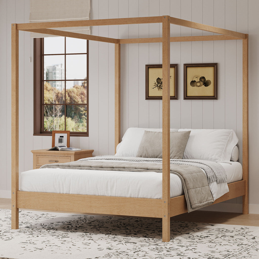 Canopy Bed Frame 4 Poster Platform Bed with Slats Support - Light Brown
