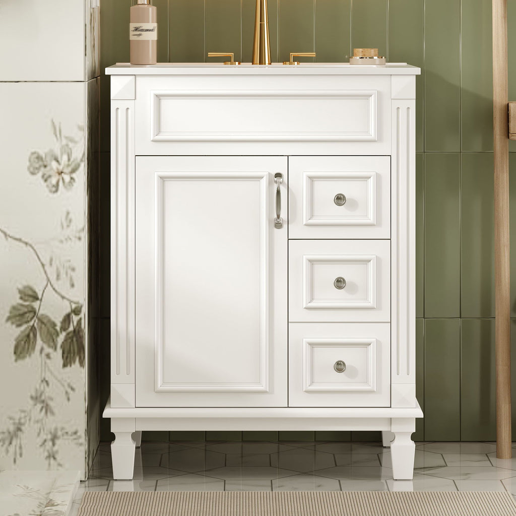 Compact Bathroom Vanity with Ceramic Sink and Storage Drawers - White, Green, Black