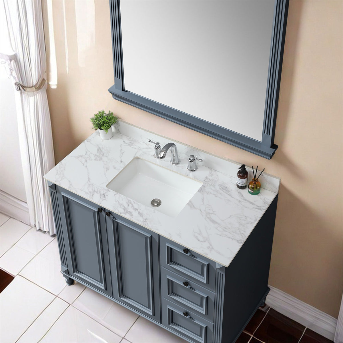 Elegant Sintered Stone Bathroom Vanity Top with Rectangular Undermount Ceramic Sink - White
