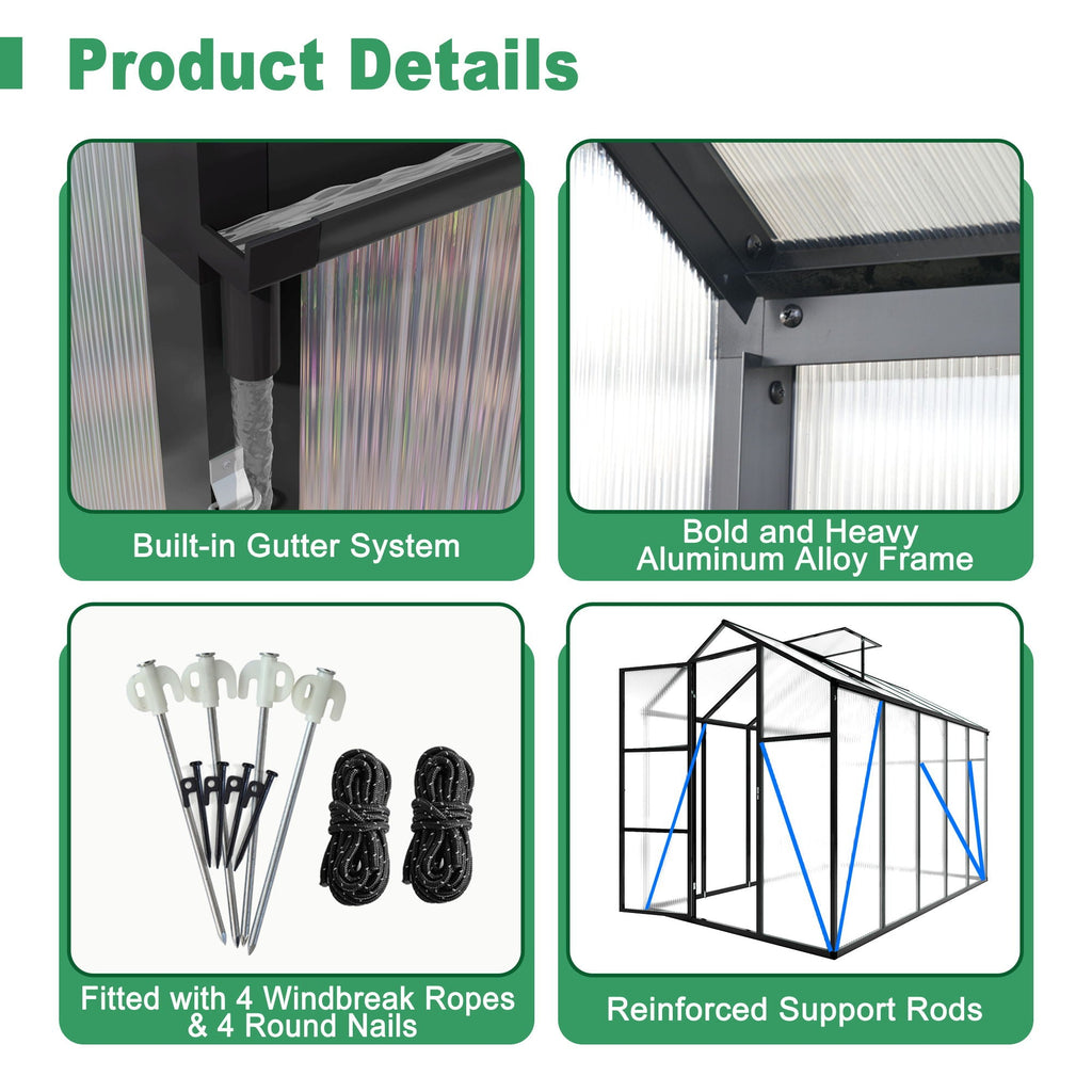 Windproof Greenhouse with Raised Base - Polycarbonate Panels - Black