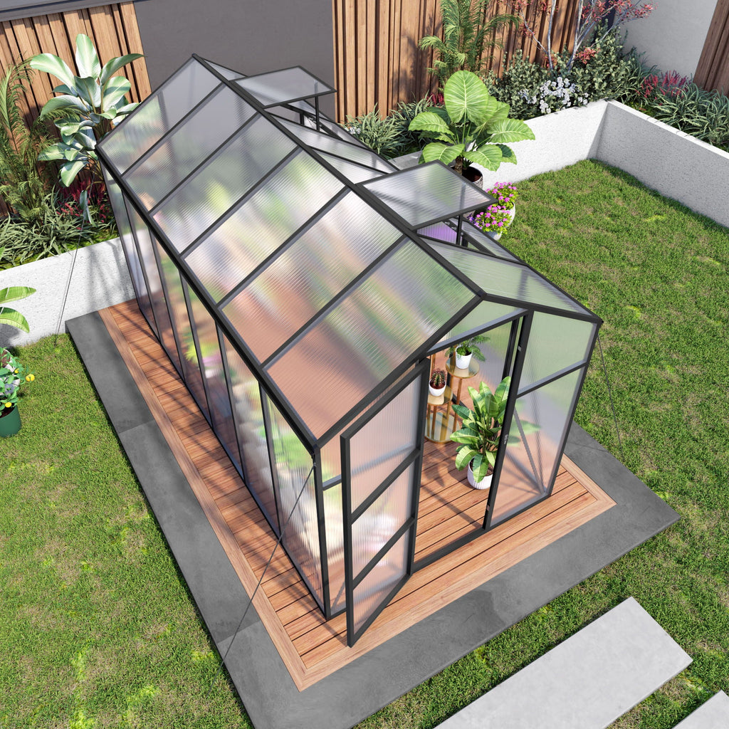 Windproof Greenhouse with Raised Base - Polycarbonate Panels - Black