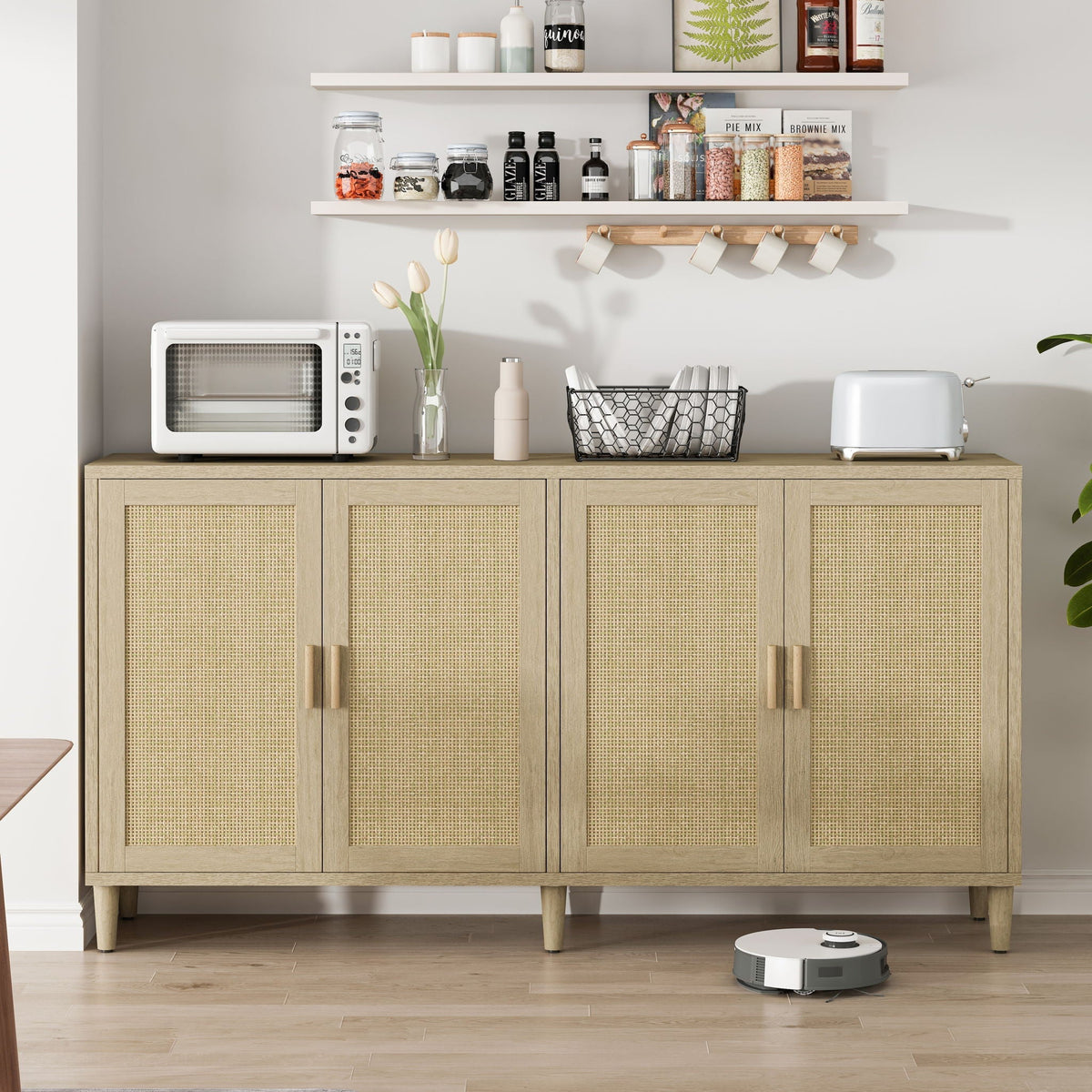 Buffet Cabinet with Adjustable Shelves and Rattan Doors - Light or Dark Brown
