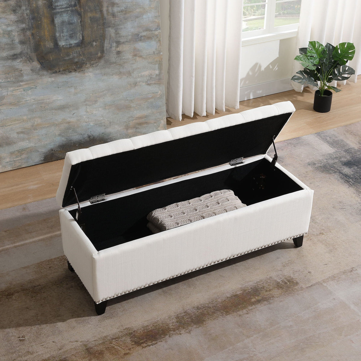 Button-Tufted Storage Ottoman with Safety Close Hinge - Beige or Dark Gray