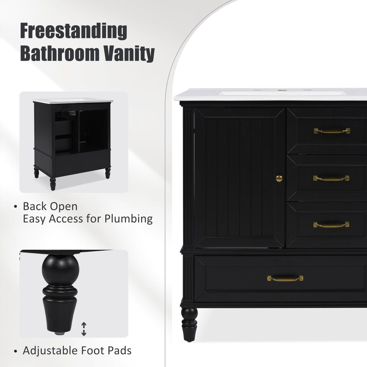 30" Bathroom Vanity with Sink and Soft-Close Drawers - White or Black
