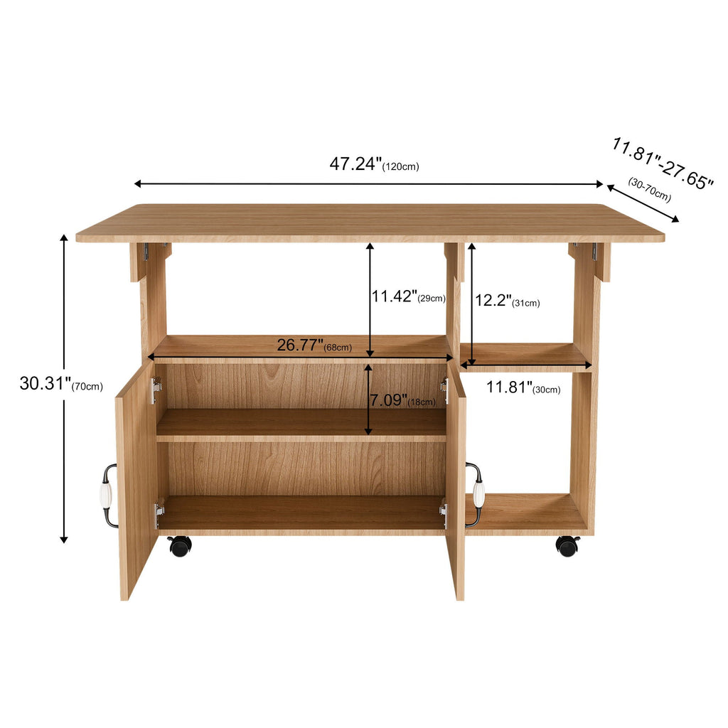 Multi Functional Folding Table with Storage Shelves and Wheels - Light Brown or Dark Brown