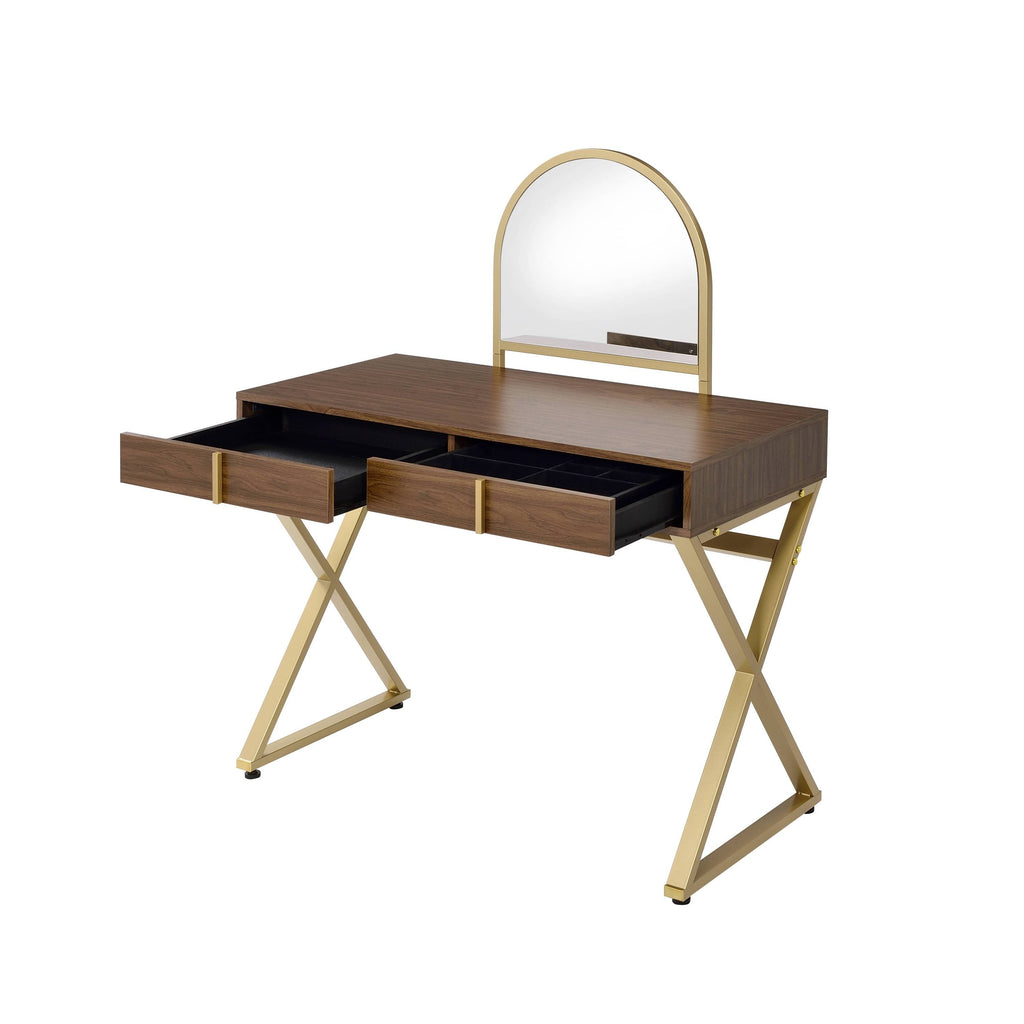 Walnut Vanity Desk with Mirror & Jewelry Tray - Gold Finish