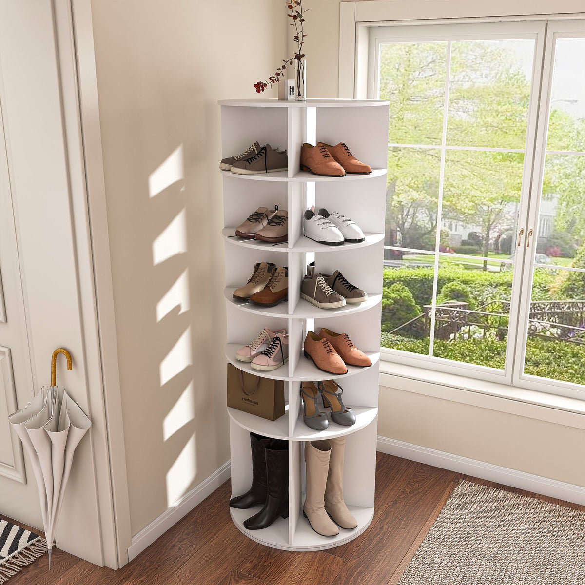 6 Tier Spinning Shoe Rack with 360° Revolving Organizer - White