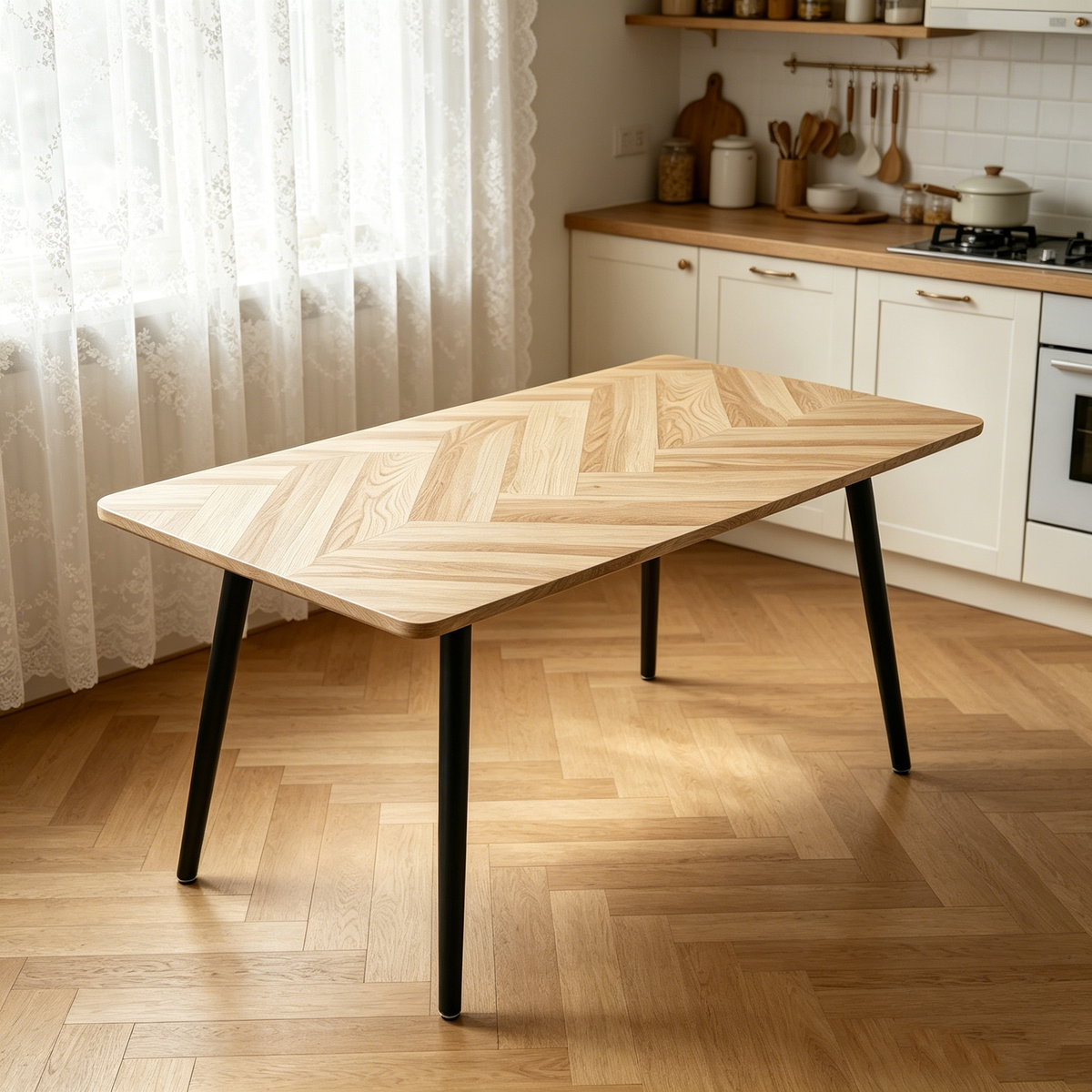 Modern Minimalist MDF Dining Table with Sleek Metal Frame - Wood Color