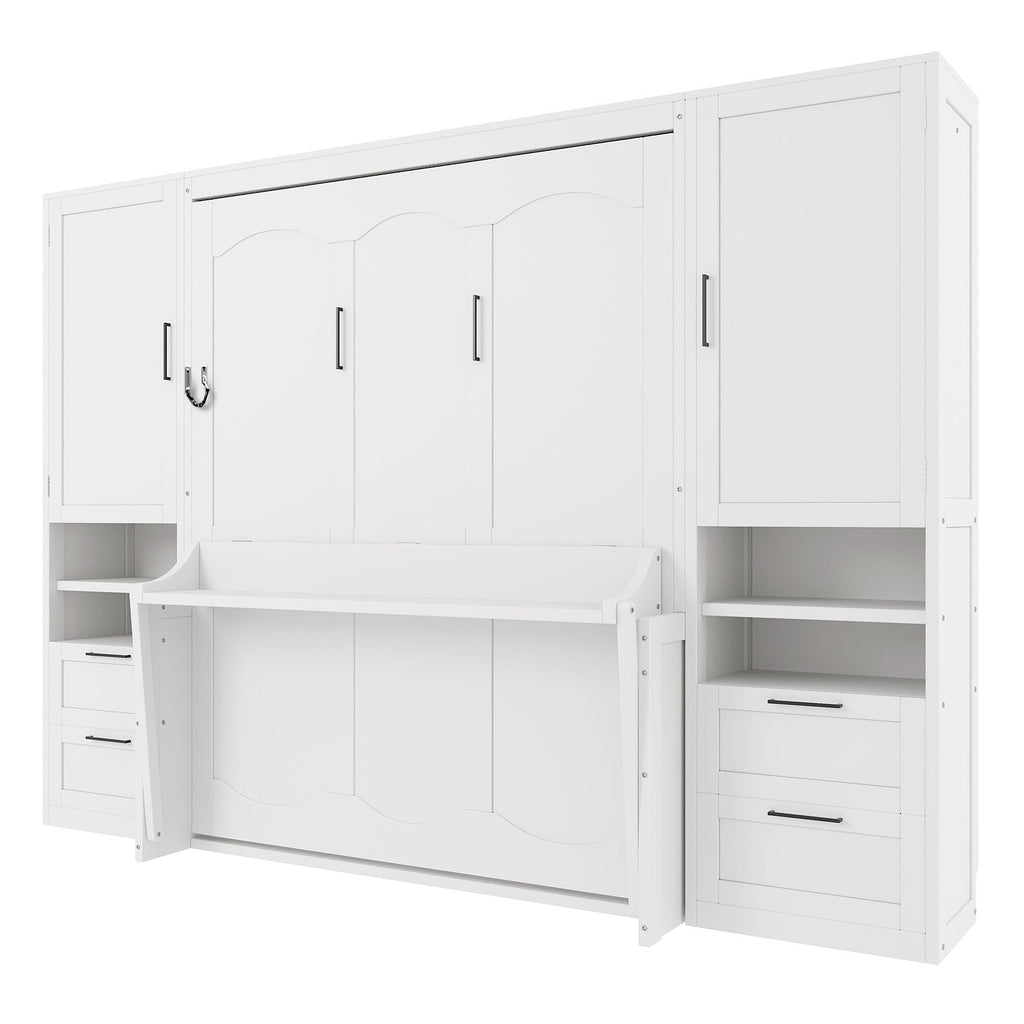 Queen Size Murphy Bed with Closet, Drawers and Shelves - White