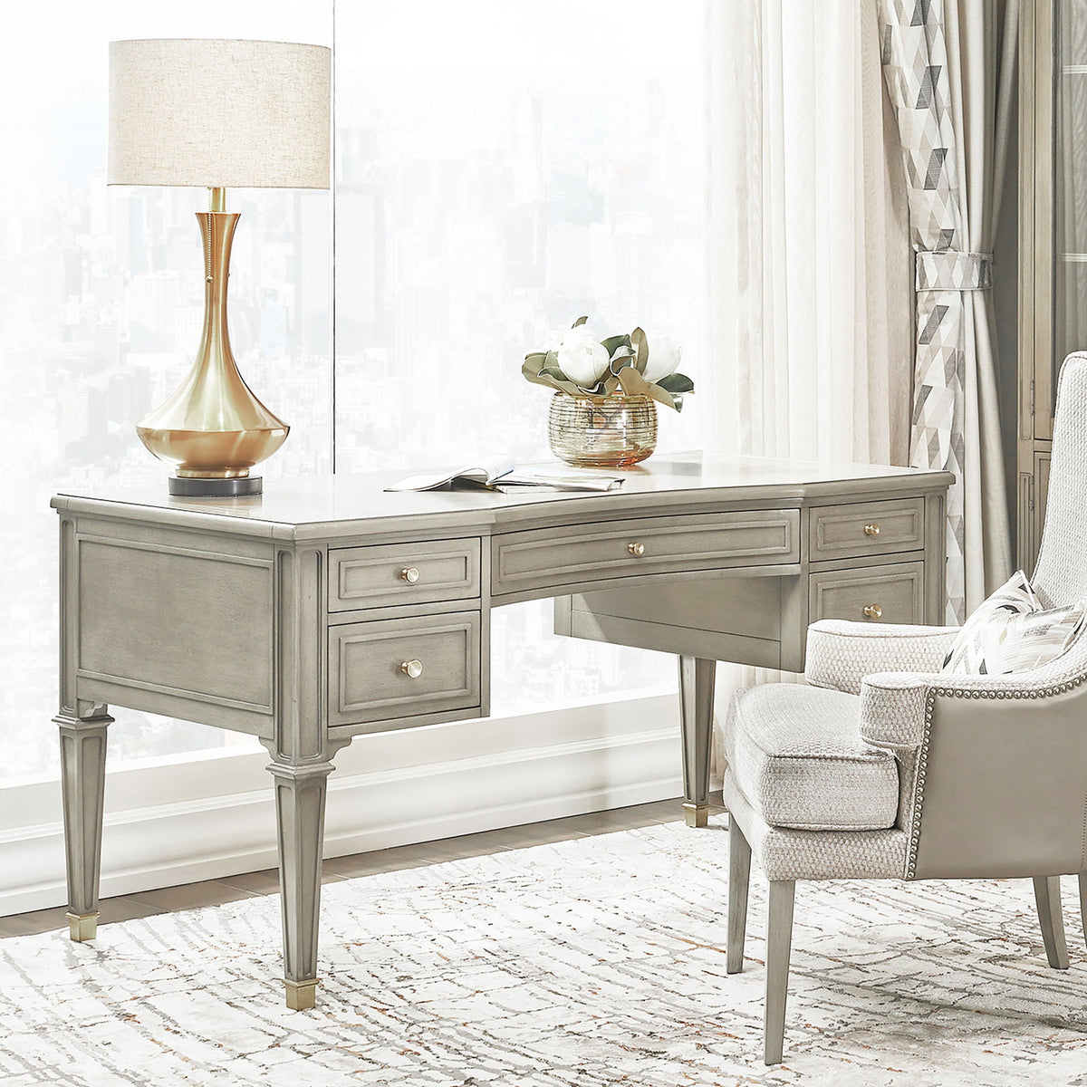 Dauphin 5 Drawer Executive Desk with Solid Rubber Hardwood - Gray or Light Brown