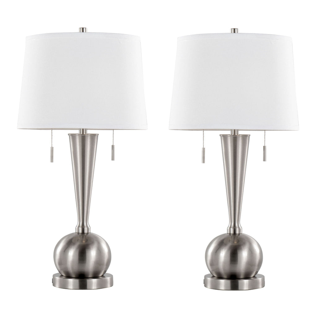 Contemporary Table Lamp Set with Built-In USB Port - Nickel / White