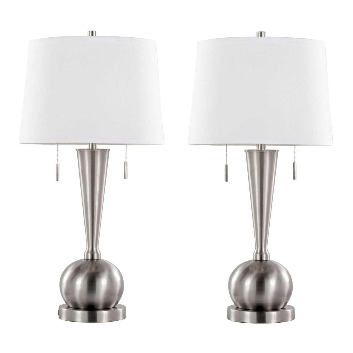Contemporary Table Lamp Set with Built-In USB Port - Nickel / White