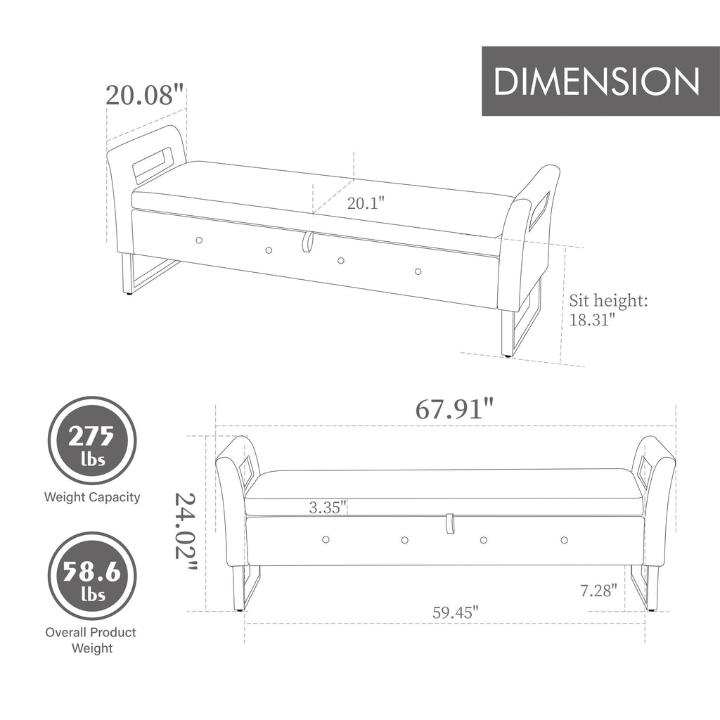 Wide Storage Ottoman Bench with Armrests - Fabric