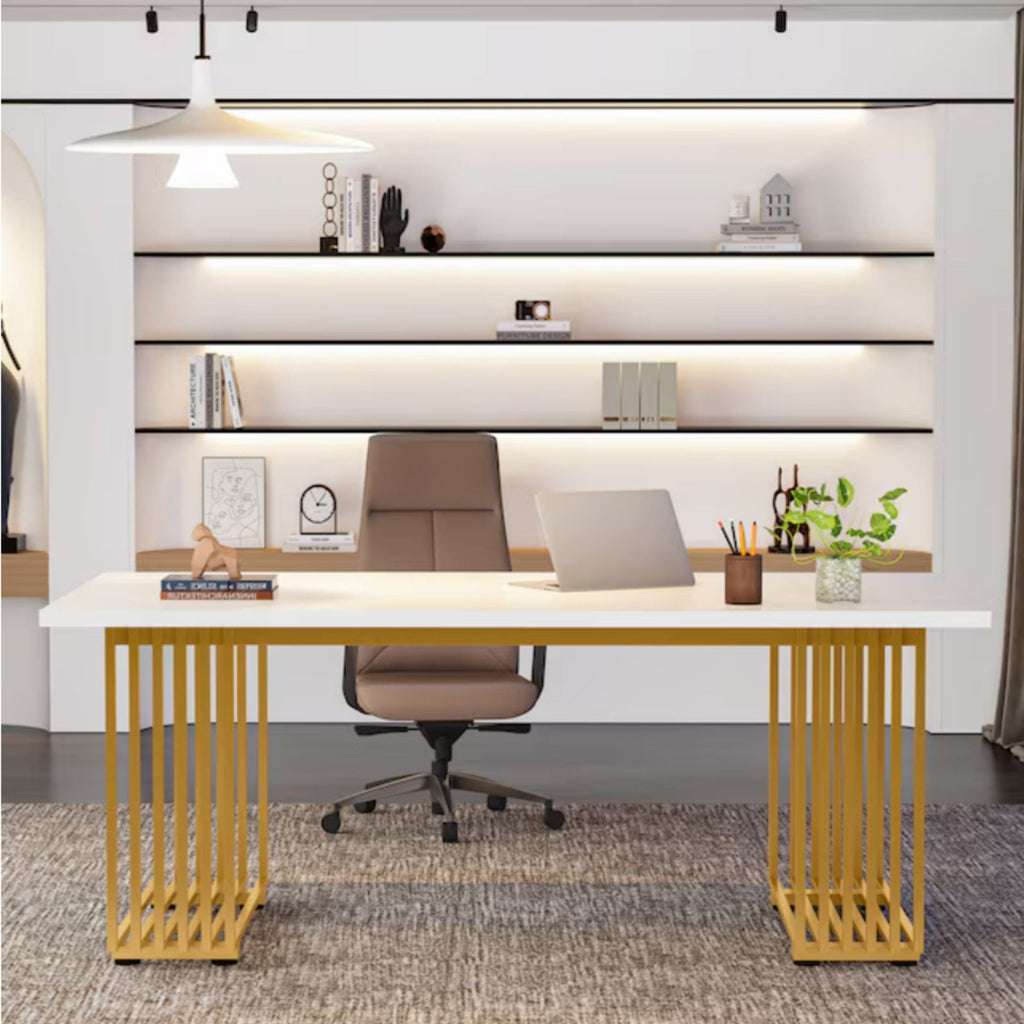 White Executive Desk with Gold Metal Legs - 70.87" Wide