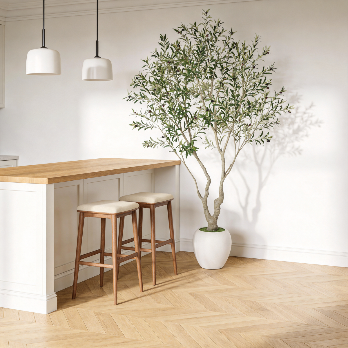 8FT Artificial Olive Tree with Decorative White Planter - Green Leaves