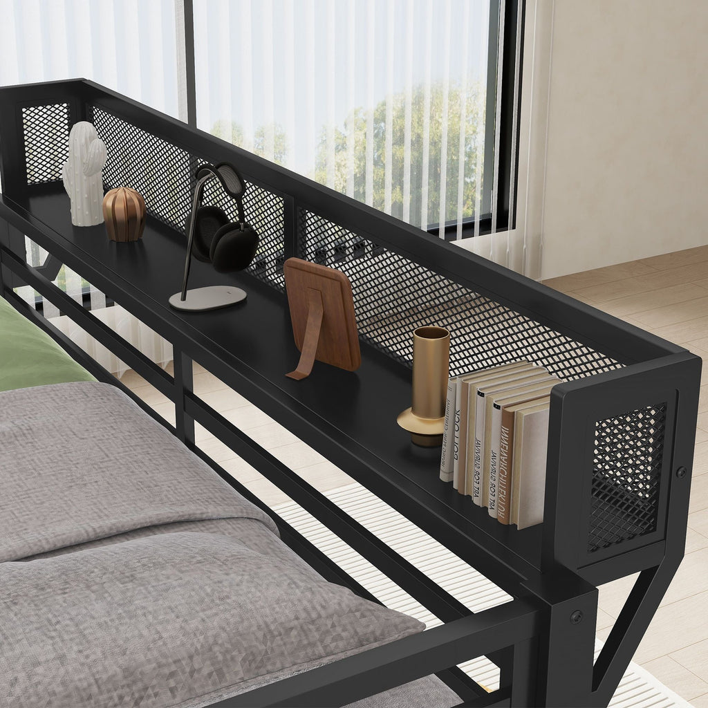 Queen Over Queen Bunk Bed with Storage Shelf and Ladder - Black