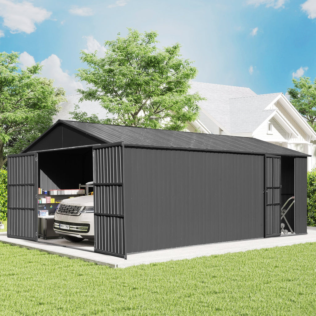 12x15FT Outdoor Metal Garage Shed with Lockable Doors - Metal