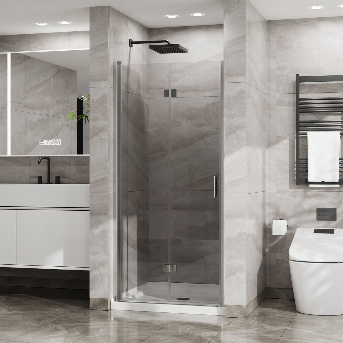 Frameless Glass Shower Door Bifold with Zinc Alloy Handle - Pearl Silver or Black