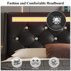 Wingback Upholstered Bed Frame with LED Lights and Charging Station - Black or White