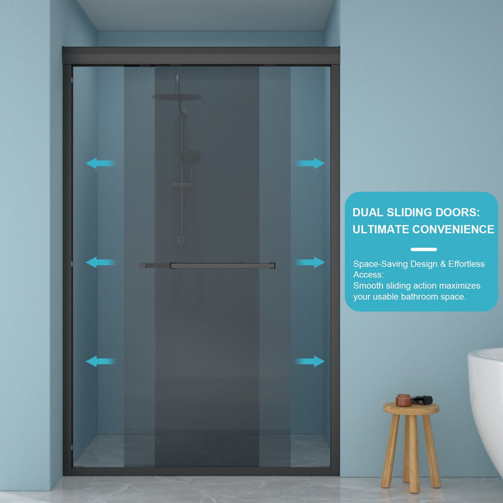Double Sliding Glass Shower Door with Tempered Glass - Matte Black