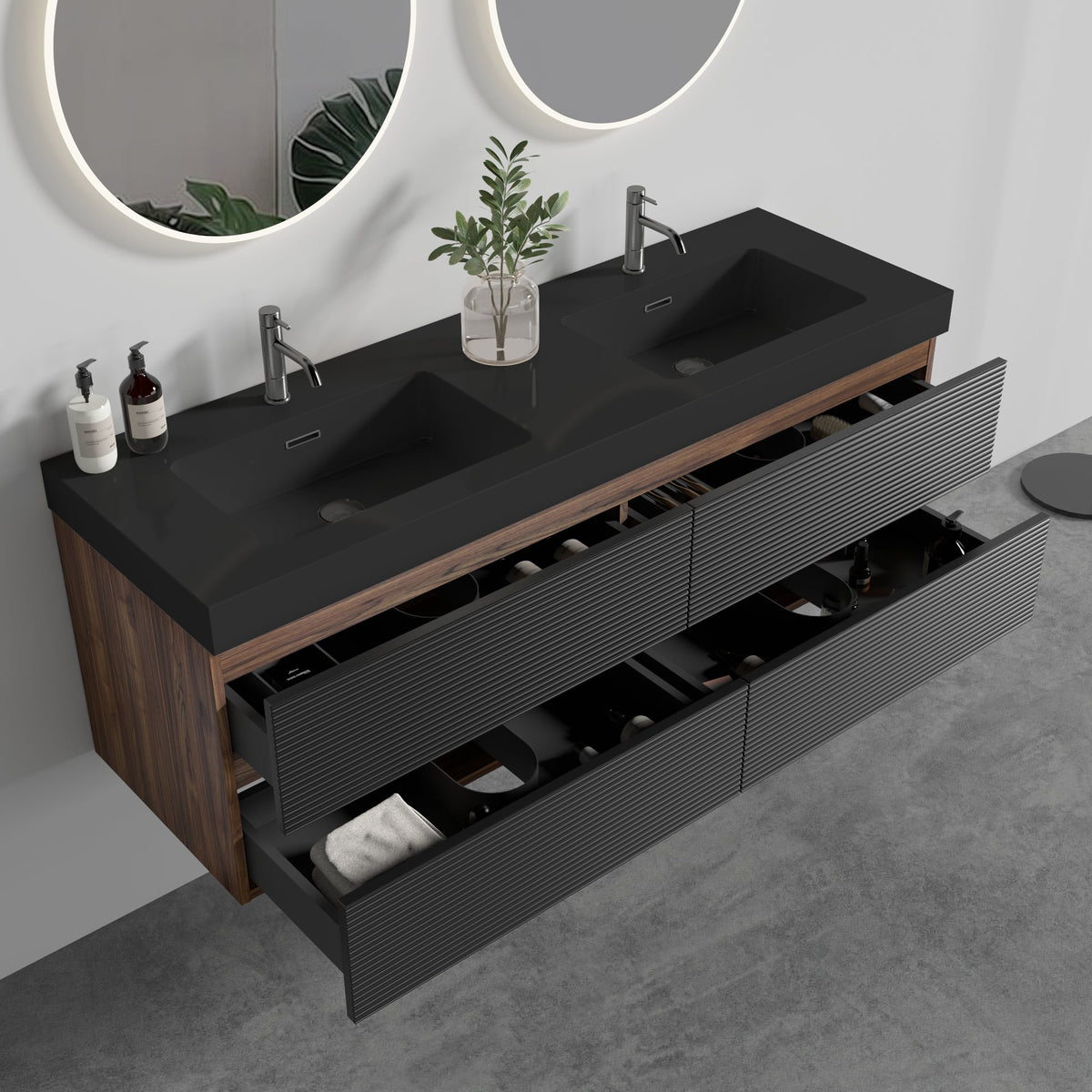 Grace 60" Wall-Mounted Bathroom Vanity with Storage - Walnut & Black Granite