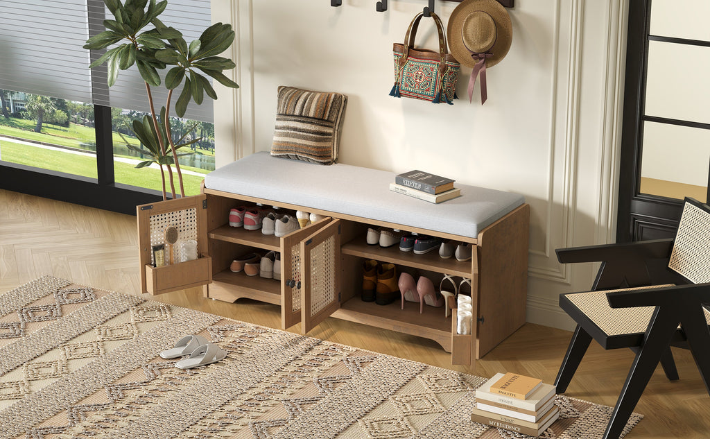 Rustic Storage Bench with Woven Rattan Doors - Natural Wood Finish
