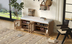 Rustic Storage Bench with Woven Rattan Doors - Natural Wood Finish