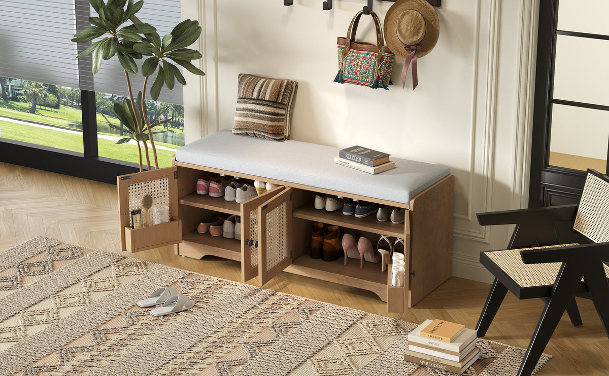 Rustic Storage Bench with Woven Rattan Doors - Natural Wood Finish