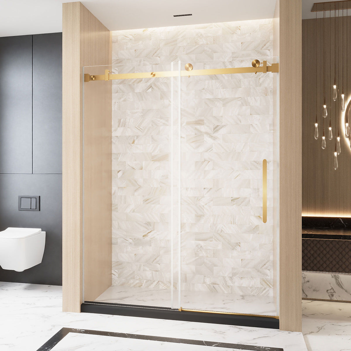 Frameless Single Sliding Shower Door with Handle and Square Tube Track - Gold
