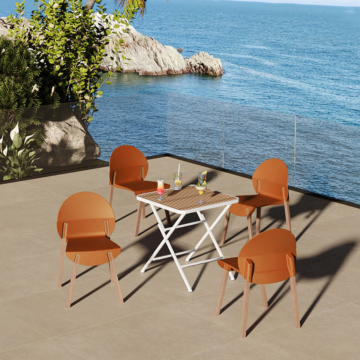 4 Piece Outdoor Set with Folding Table and Single Chairs - Blue, Red, Orange