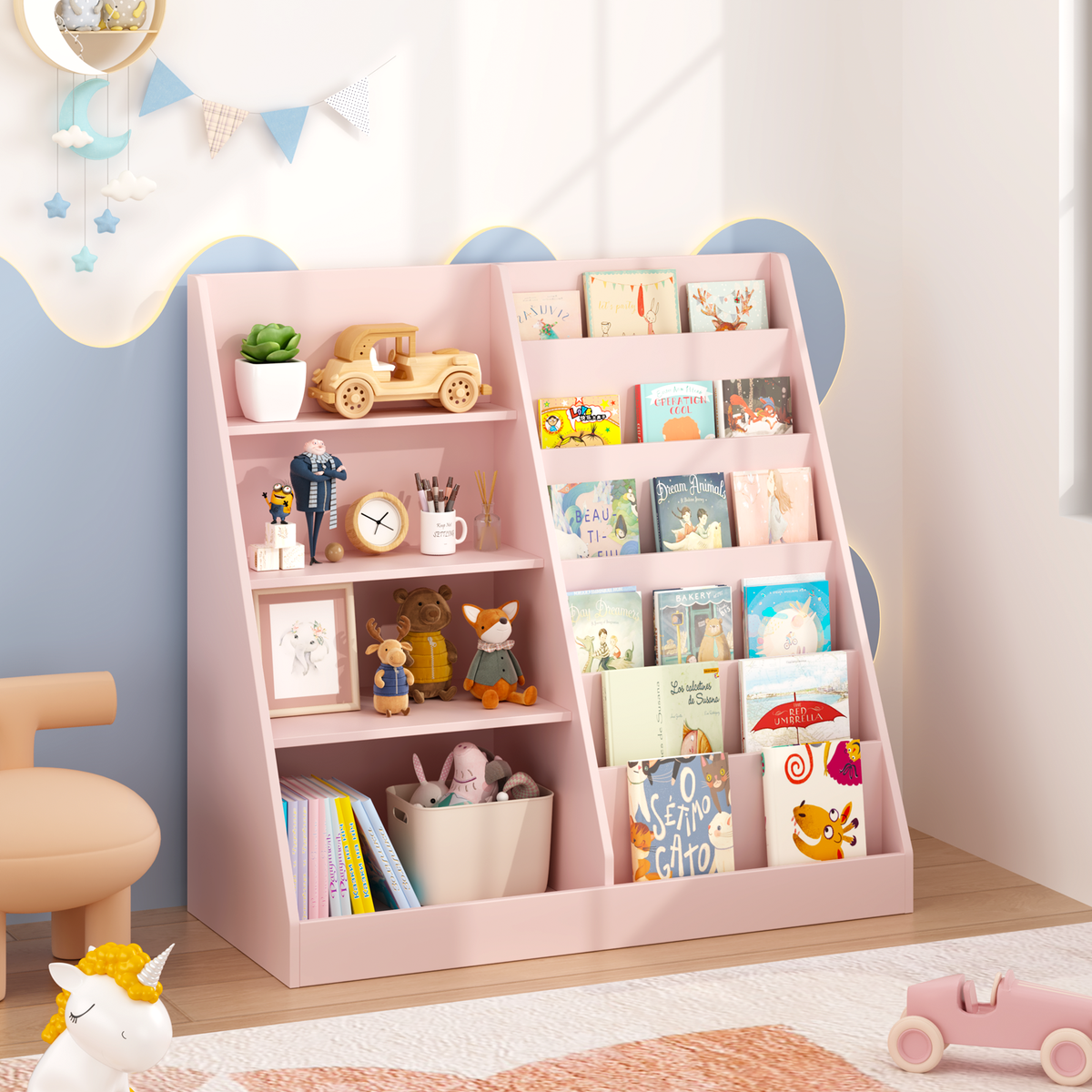 Kids Bookshelf and Toy Storage Organizer with 4 Tiers - Pink