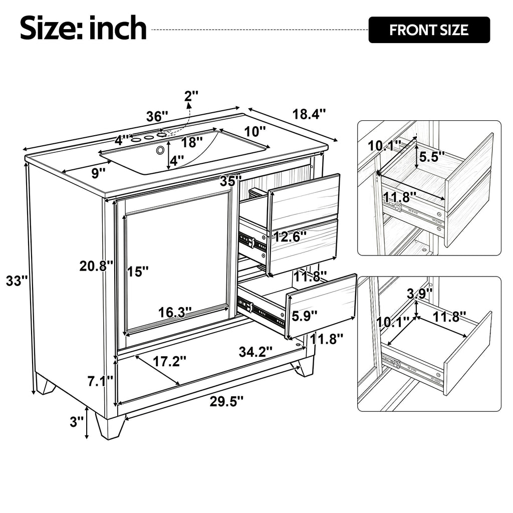36" Bathroom Vanity with Ceramic Sink and Soft-Close Drawers - White