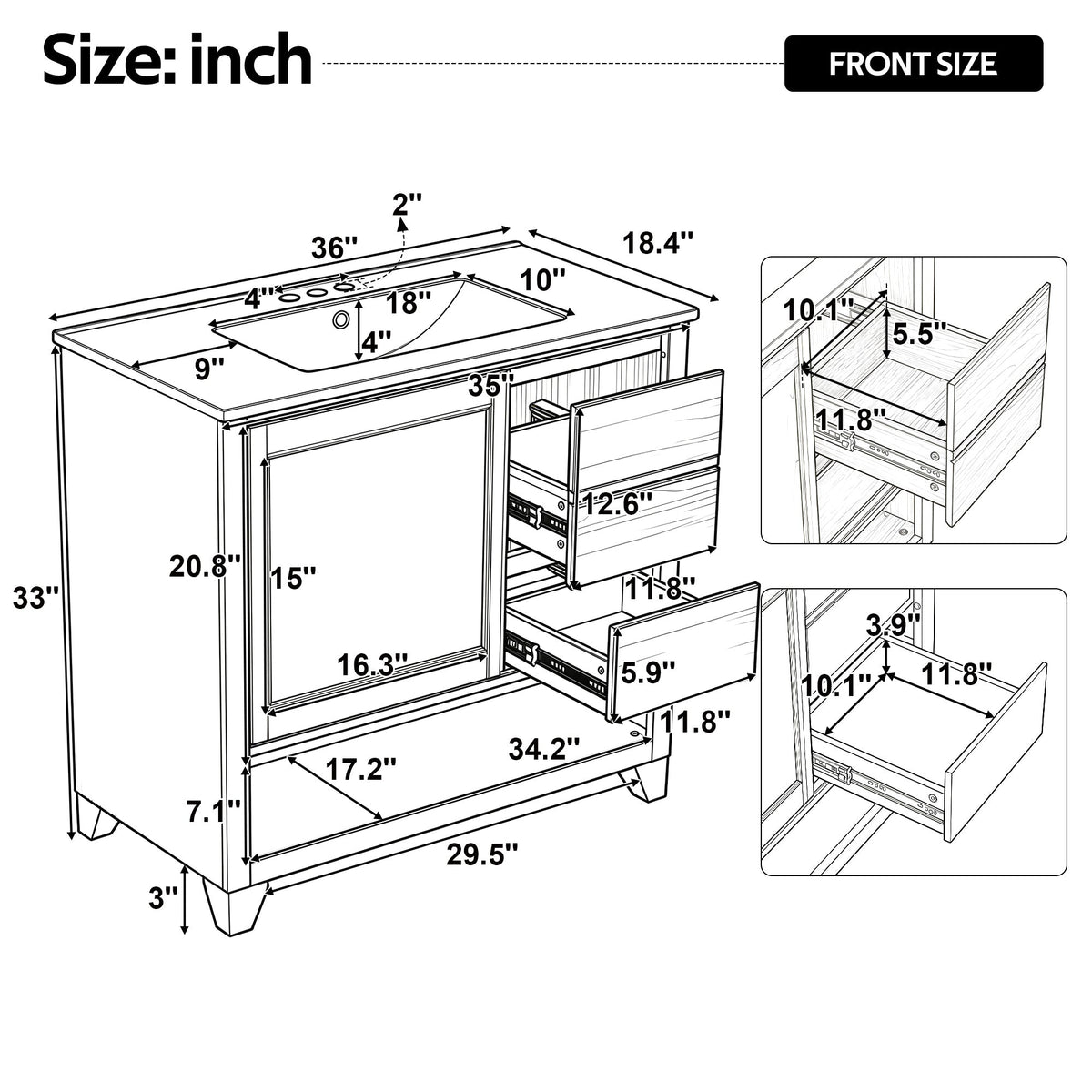 36" Bathroom Vanity with Ceramic Sink and Soft-Close Drawers - White